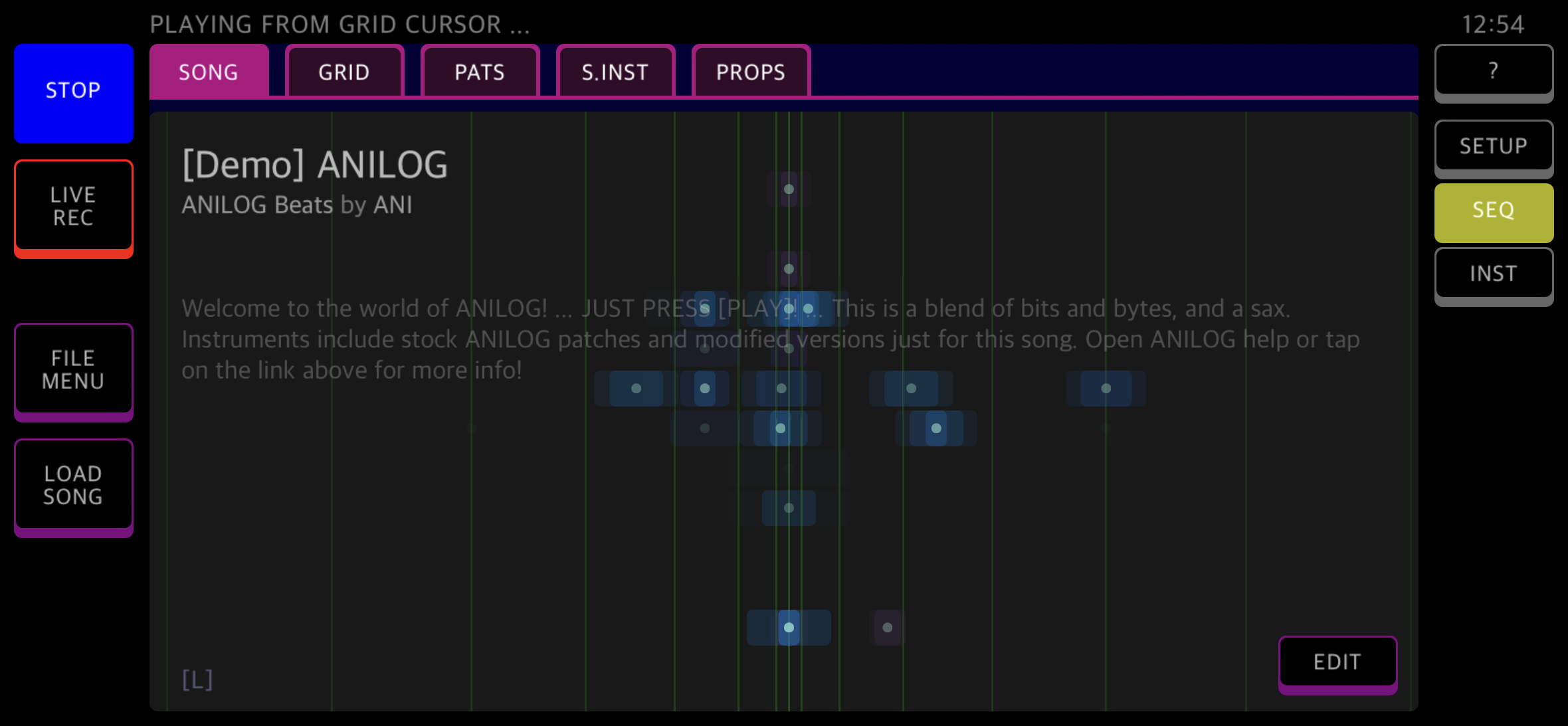 Screen shot of ANILOG sequencer song tab