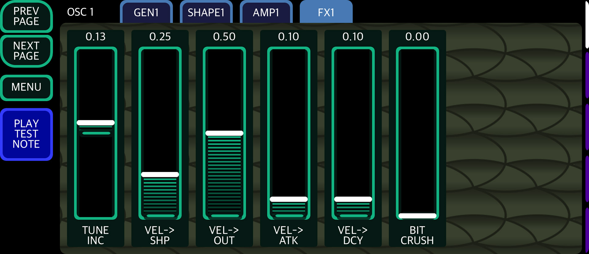 Oscillator page, effects (FX) tab